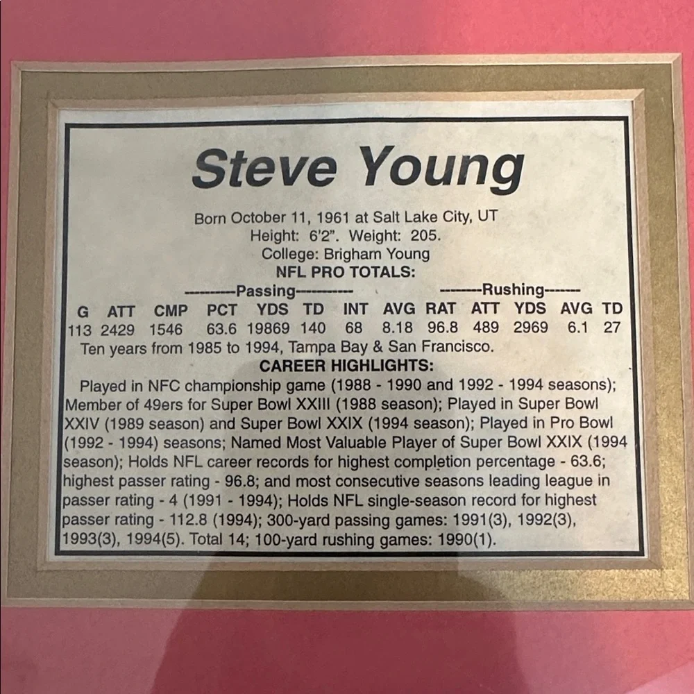 Framed Steve Young Football Memorabilia with Red and Black Accents, Custom Matte